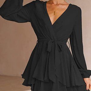Women's Sexy V Neck Ruffle Long Sleeve Tie Waist Swing Mini Wrap Dress
